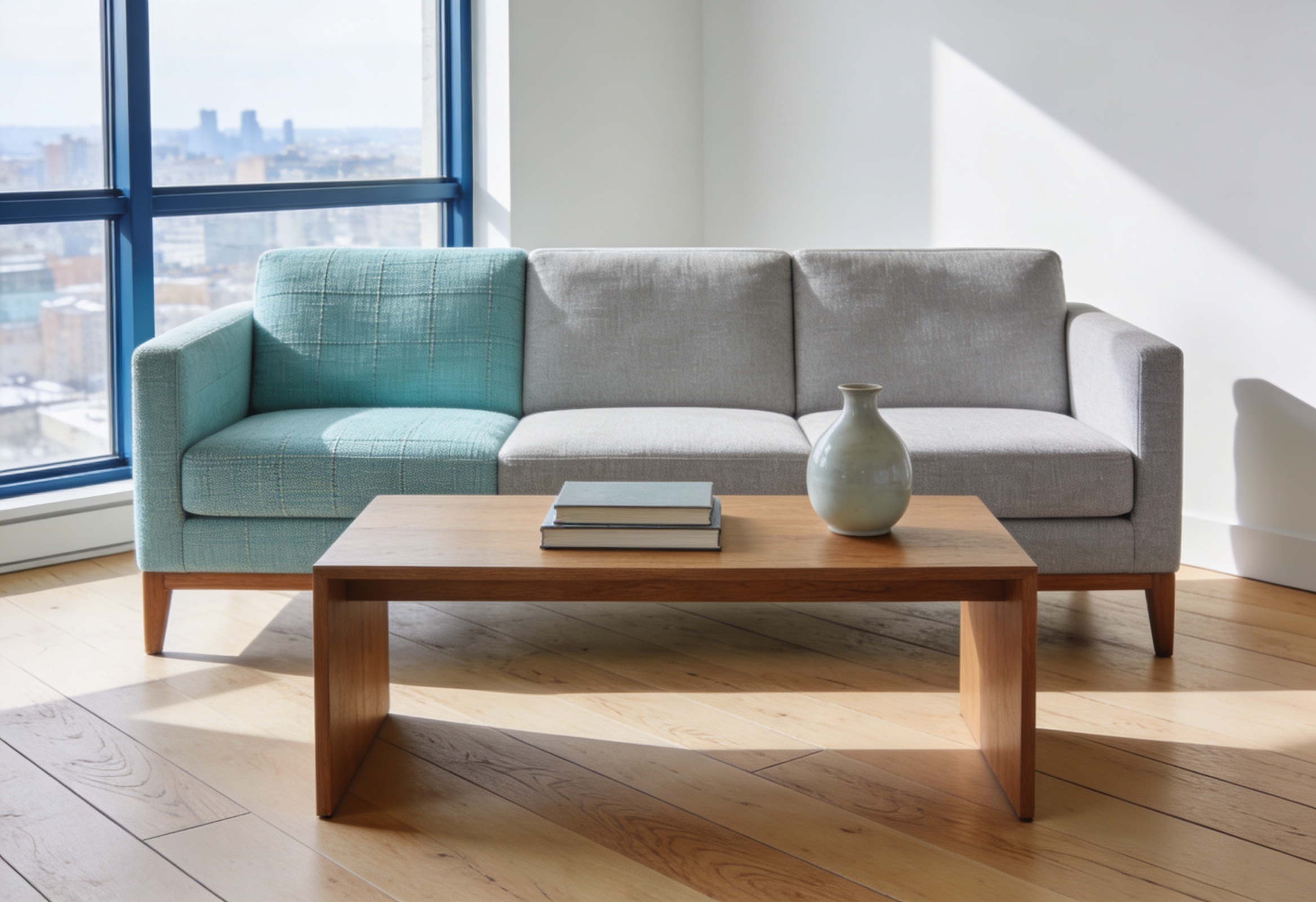 Bright modern condominium living room with a grey sofa facing a city window