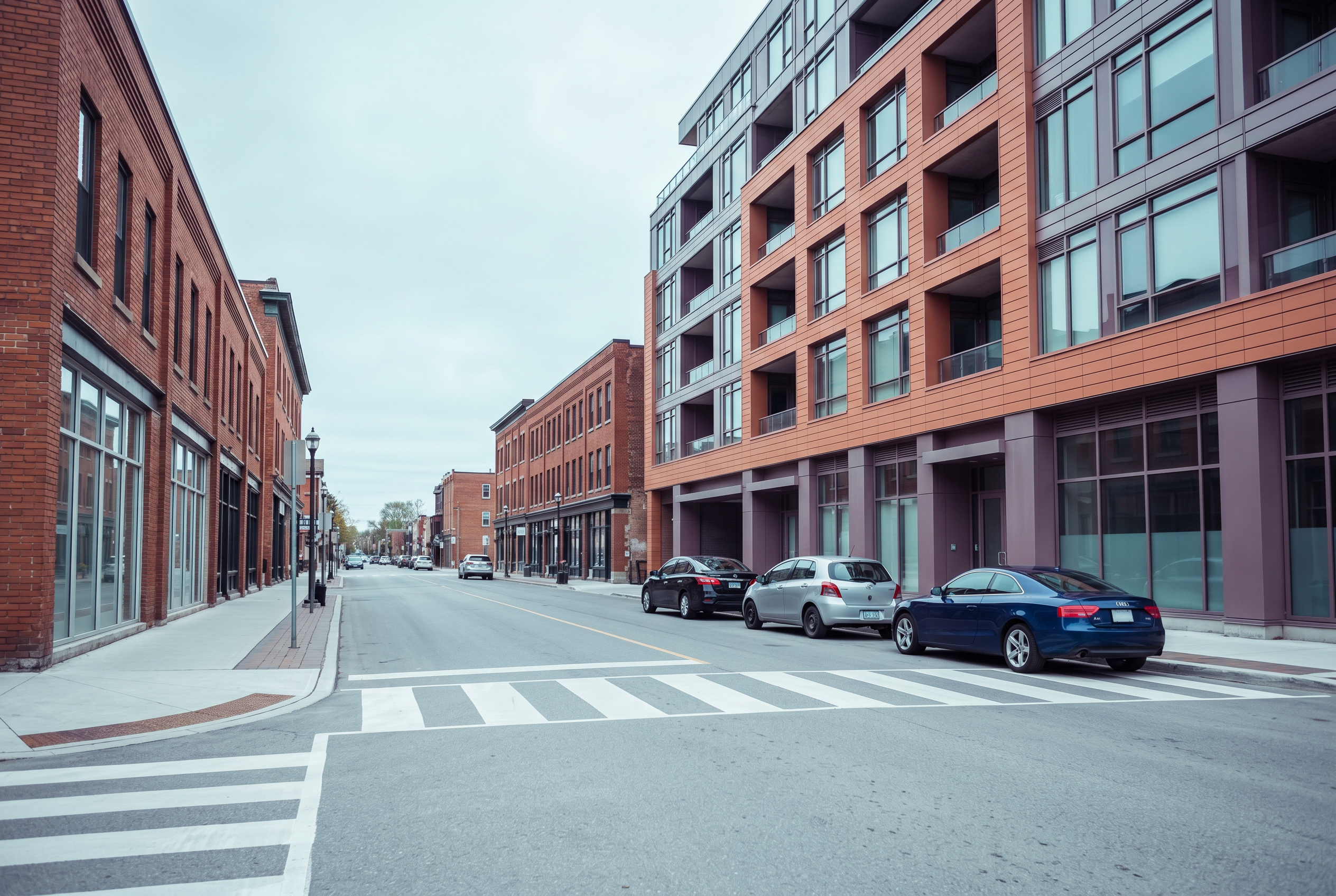 Revitalised downtown street with a new mixed-use building beside restored brick low-rises