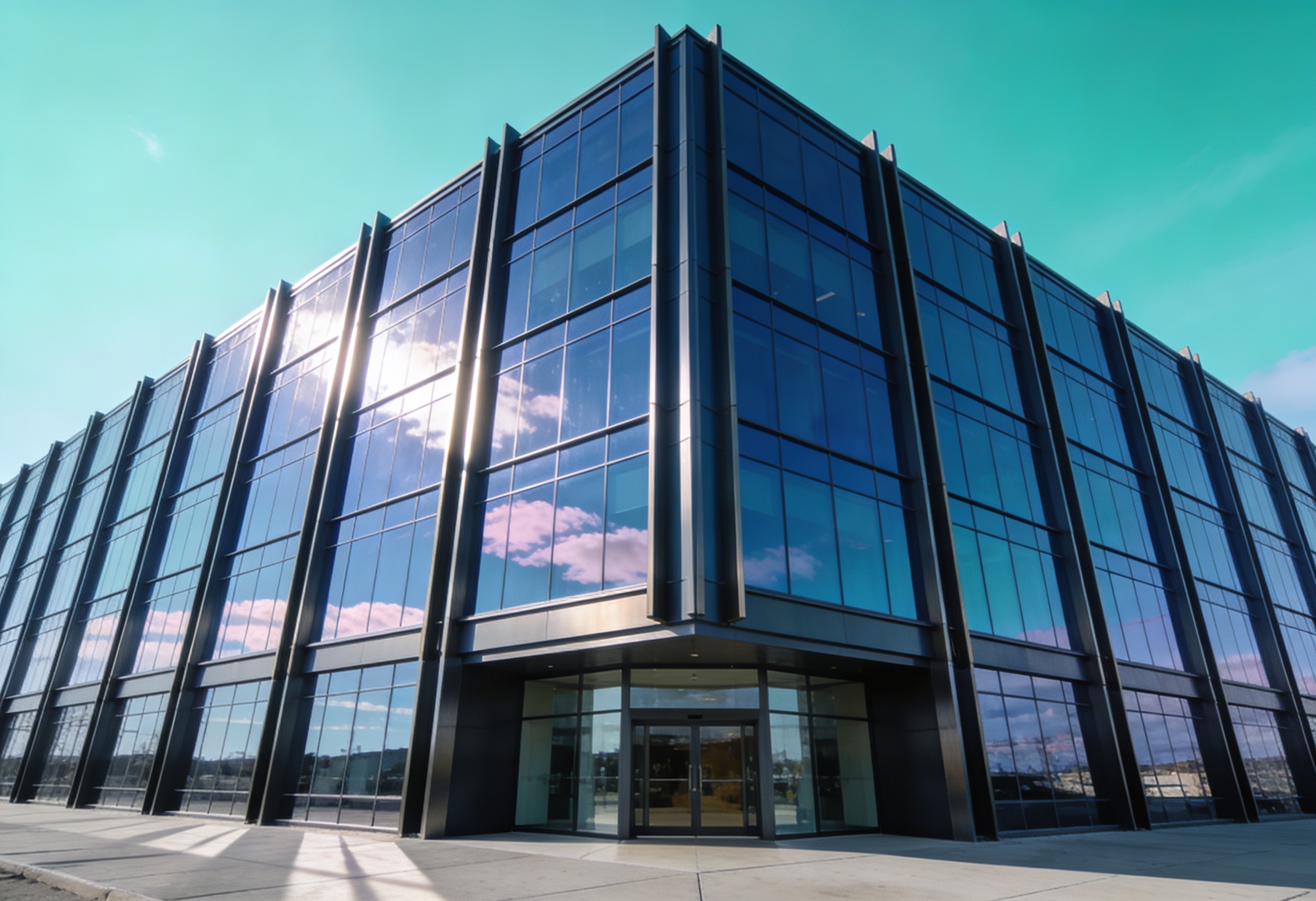 Contemporary commercial office building with dark steel-blue glass curtain walls