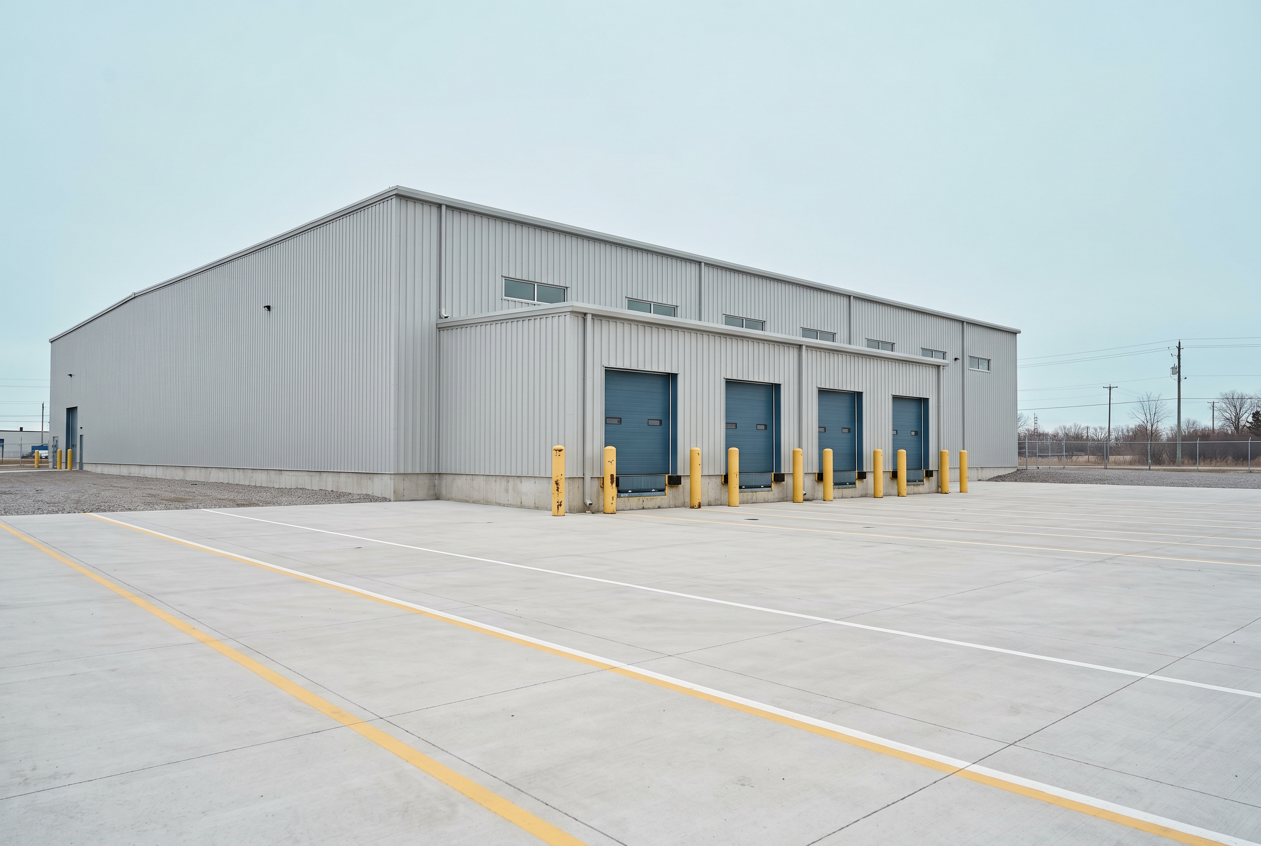 Modern logistics warehouse exterior with steel-blue loading doors and a clean concrete apron