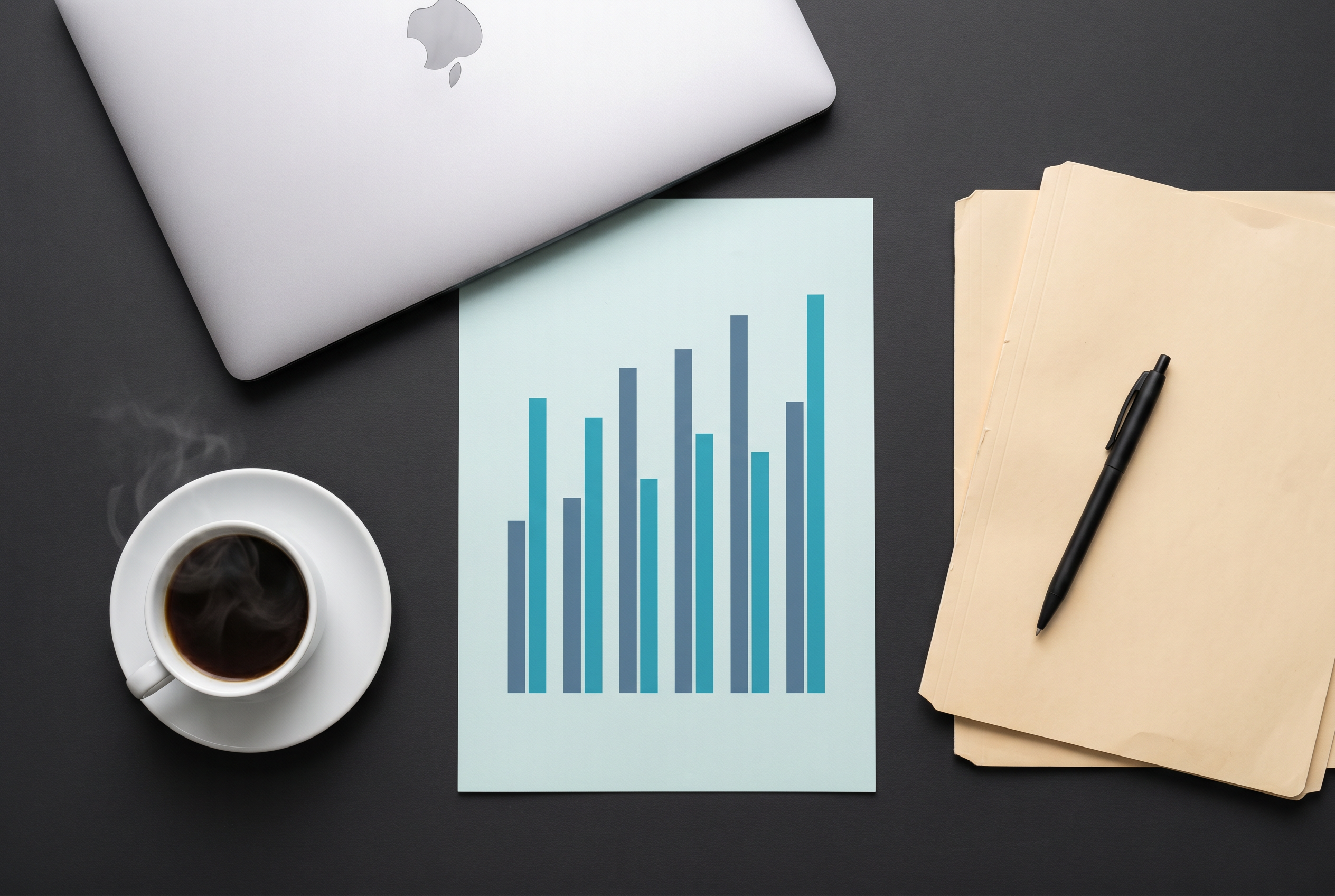 Overhead flat-lay of a real-estate market analysis report, laptop and coffee on a desk