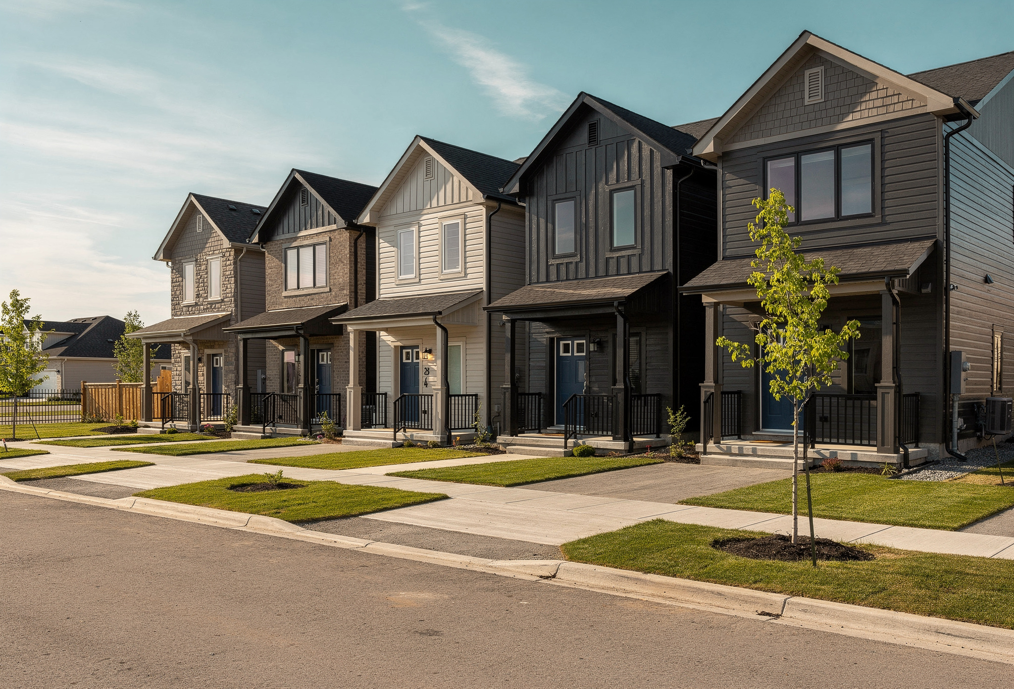 Row of newly built suburban townhomes with charcoal and grey facades and fresh lawns